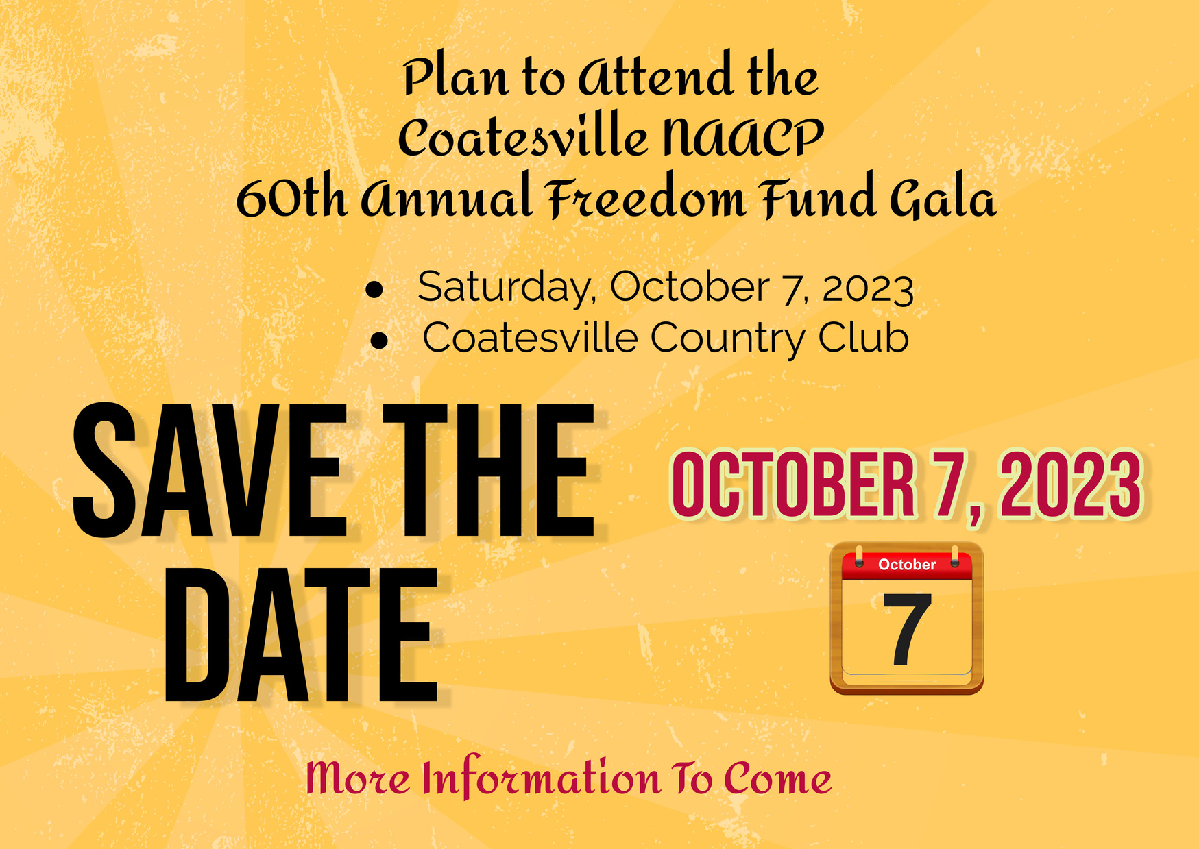 Save the date: October 7th 2023 for the 60th Annual Freedom Fund Gala at the Coatesville Country Club!
